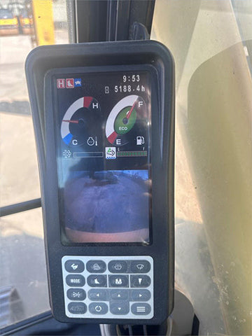 Digital display on a vehicle's dashboard with various gauges and icons KOBELCO SK230 Crawler Excavators For Sale near Corona CA at Westrax Machinery